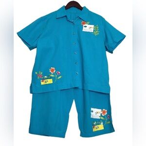 Vintage Erika & Co Blue Travel Print Button Up Top & Capri Set Women XL Vacation